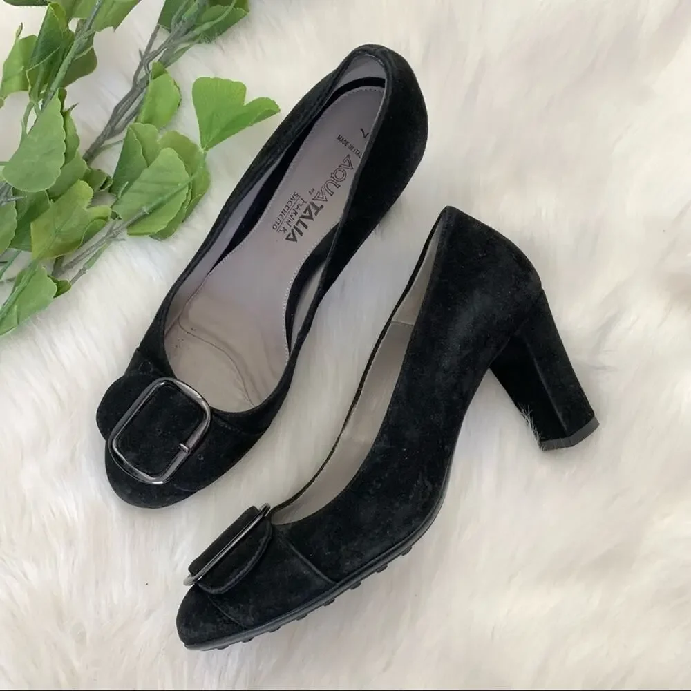 Aquatalia | Black Sacchetto Buckle Front Heel Pumps Round Toe Italy Women's 7